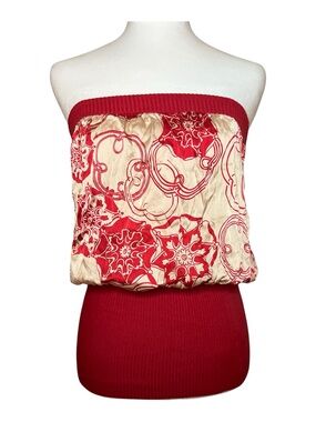 Vintage y2k bebe Silk Red and Cream Strapless Printed Tube Top Medium